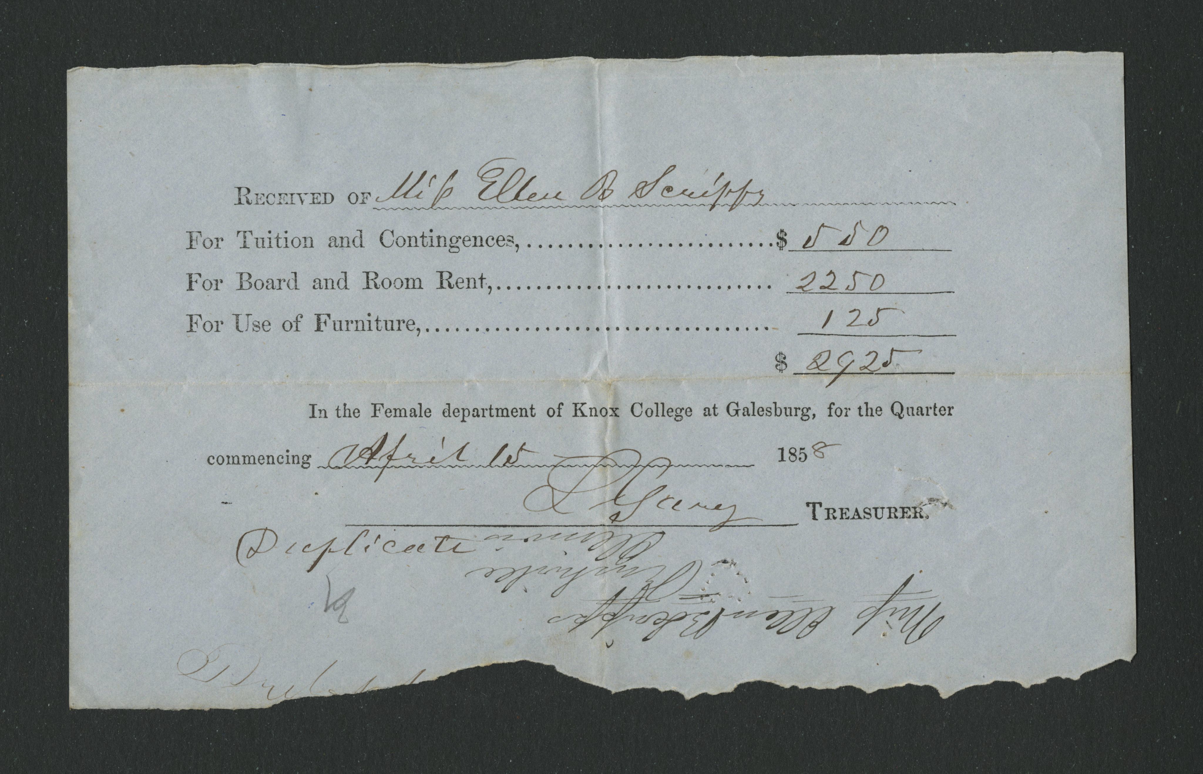 A receipt of payment by Ellen B. Scripps in the Female department of Knox College, signed by L. Gary, April 15, 1858. It is printed on a torn sheet of paper.