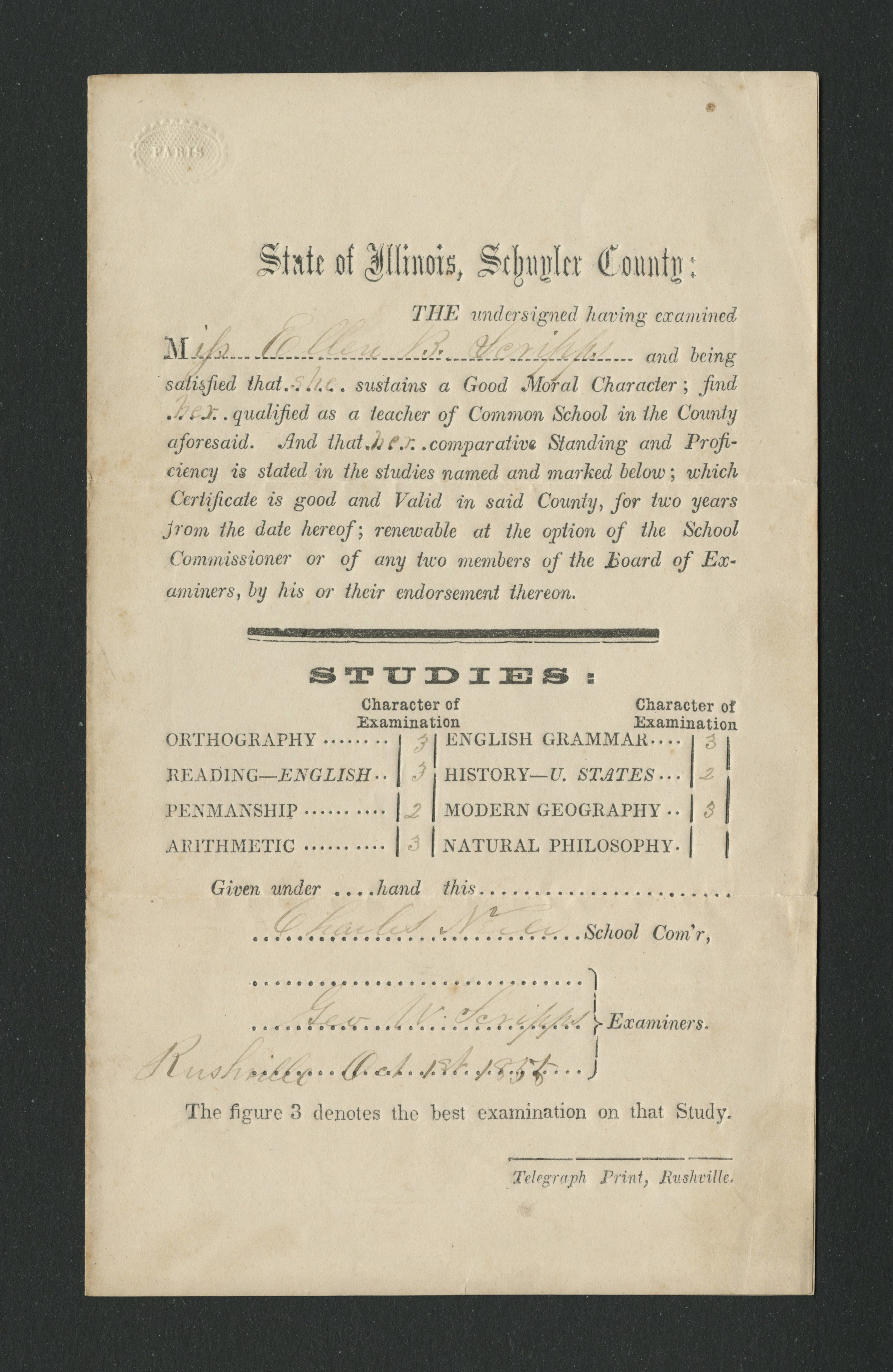 A teaching certificate printed on sepia paper issued to Ellen Browning Scripps in 1855.