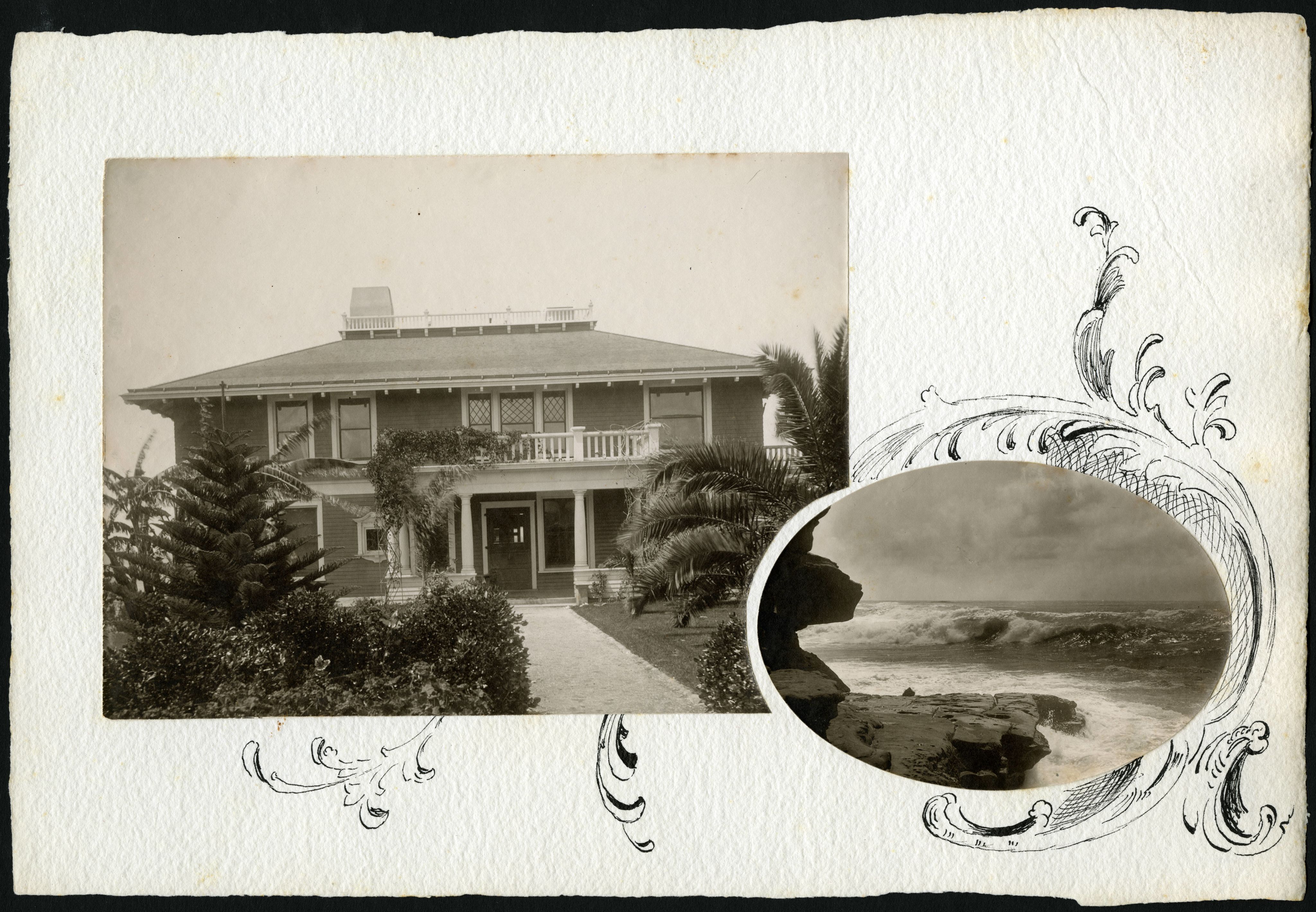 Front view of South Molton Villa with a photo of the ocean view.