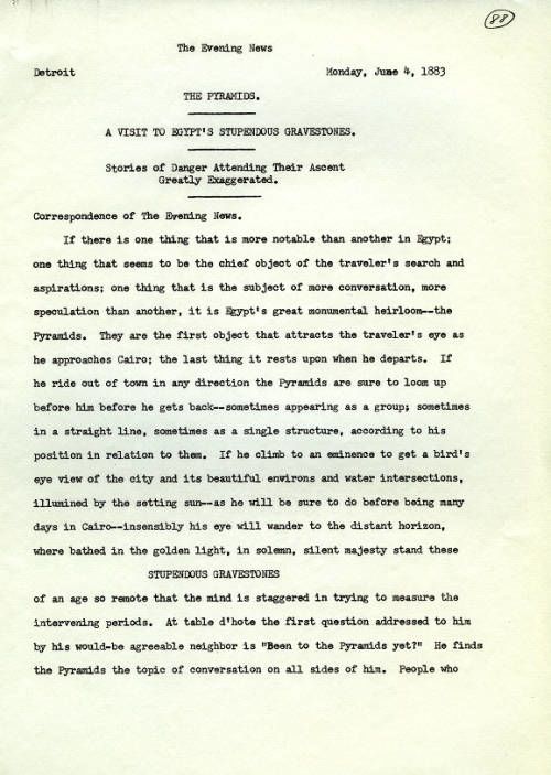 Page one of a typewritten travel letter about the Pyramids of Giza written by Ellen Browning Scripps, published in the Detroit Evening News.