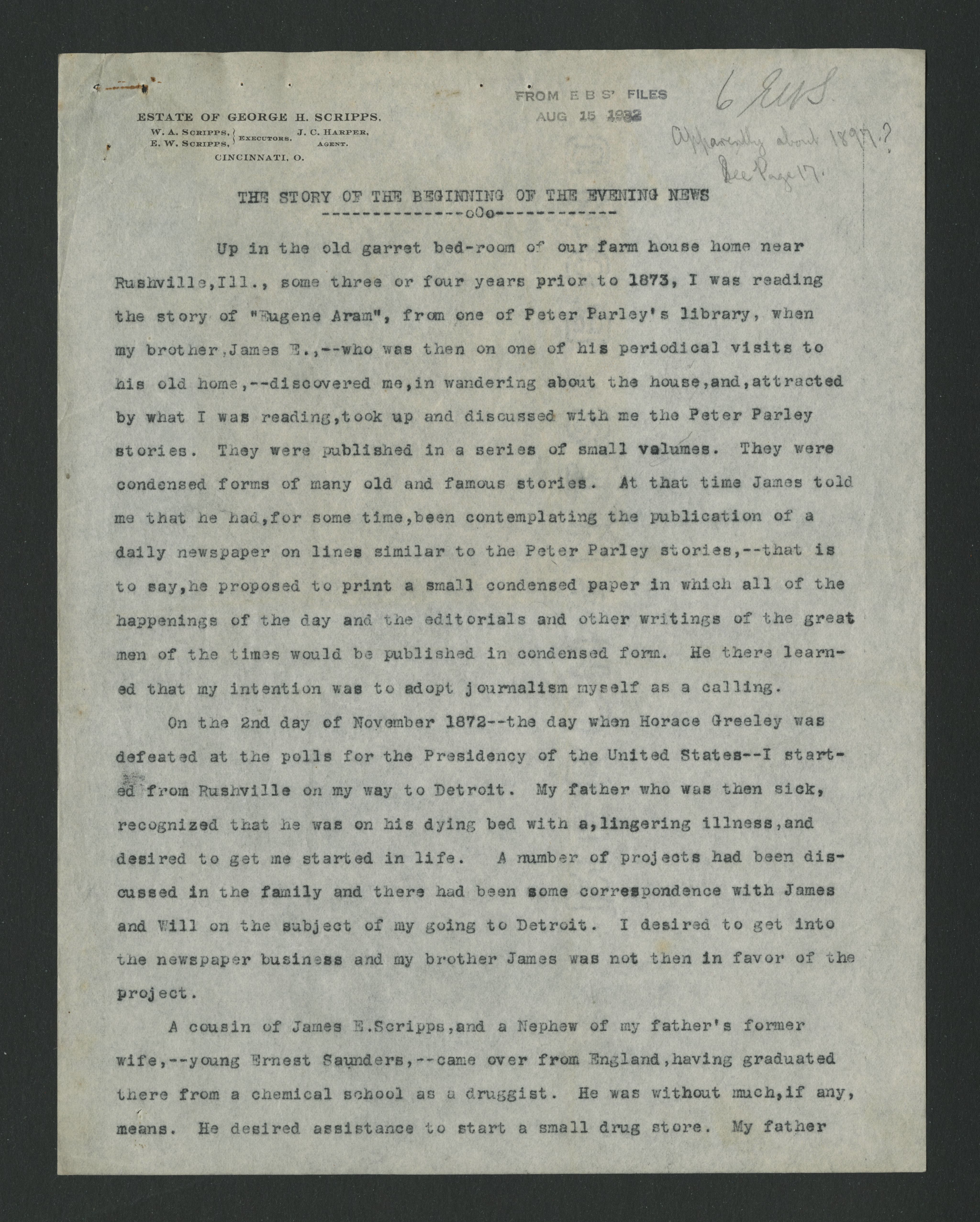 An undated first page of a document titled "The Story of the Beginning of the Evening News" that details the origins of the Detroit Evening News.