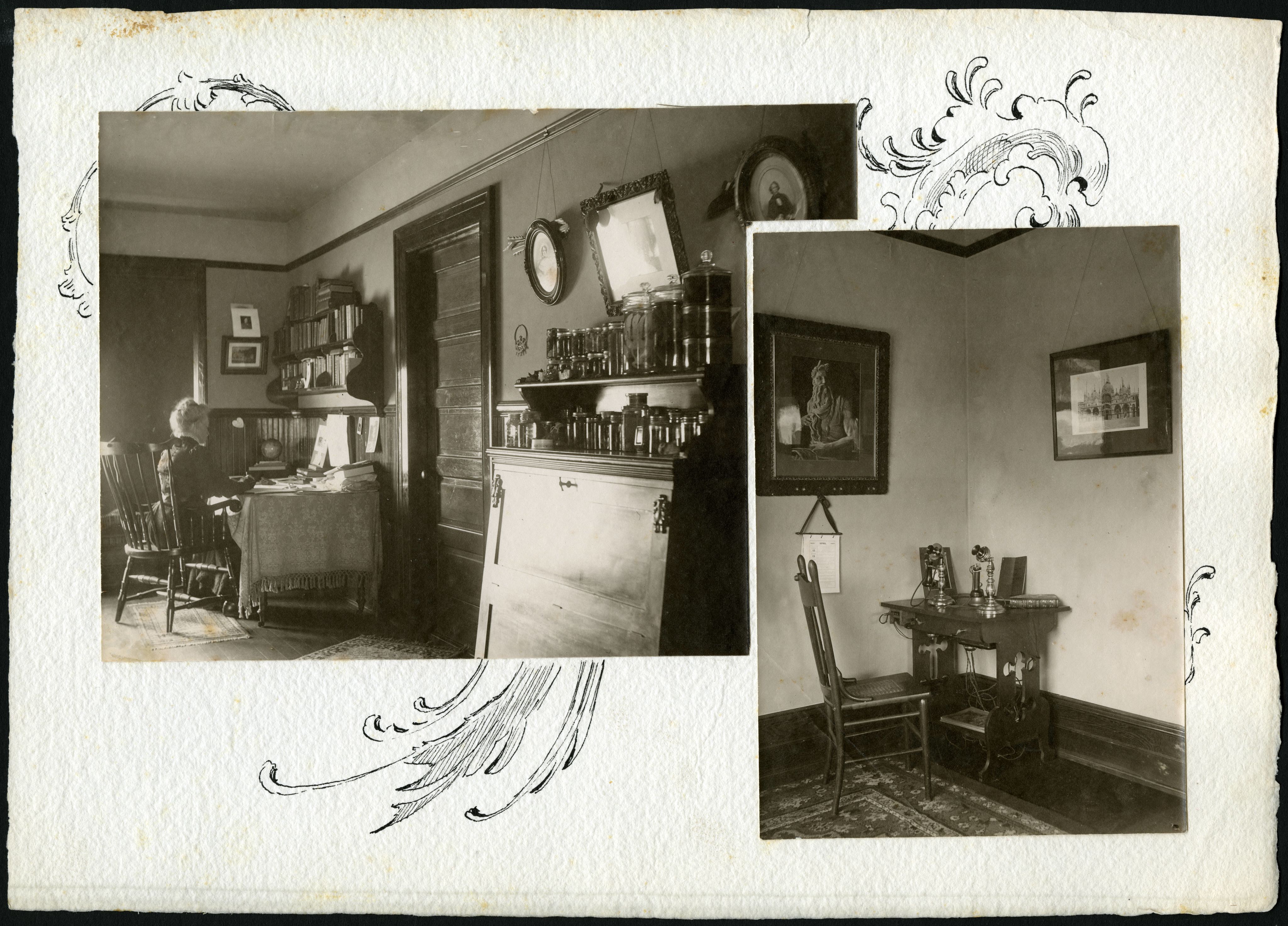 Scripps sitting at a desk; a desk and chair in a room in South Molton Villa.