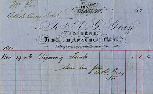 Ellen Browning Scripps' trunk packing box receipt, November 19, 1881.