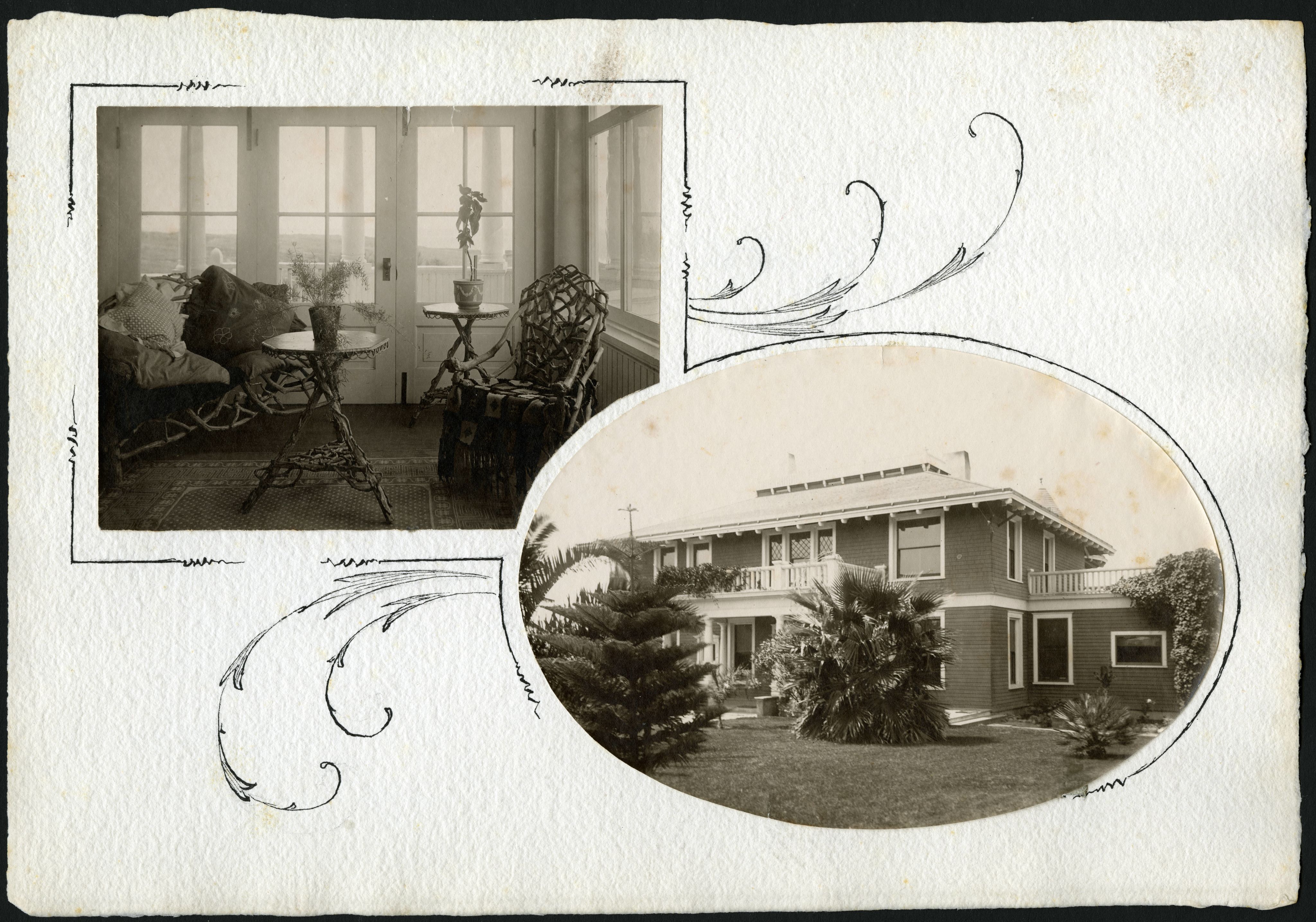 Lounging area with an ocean view and house exterior with palm trees.