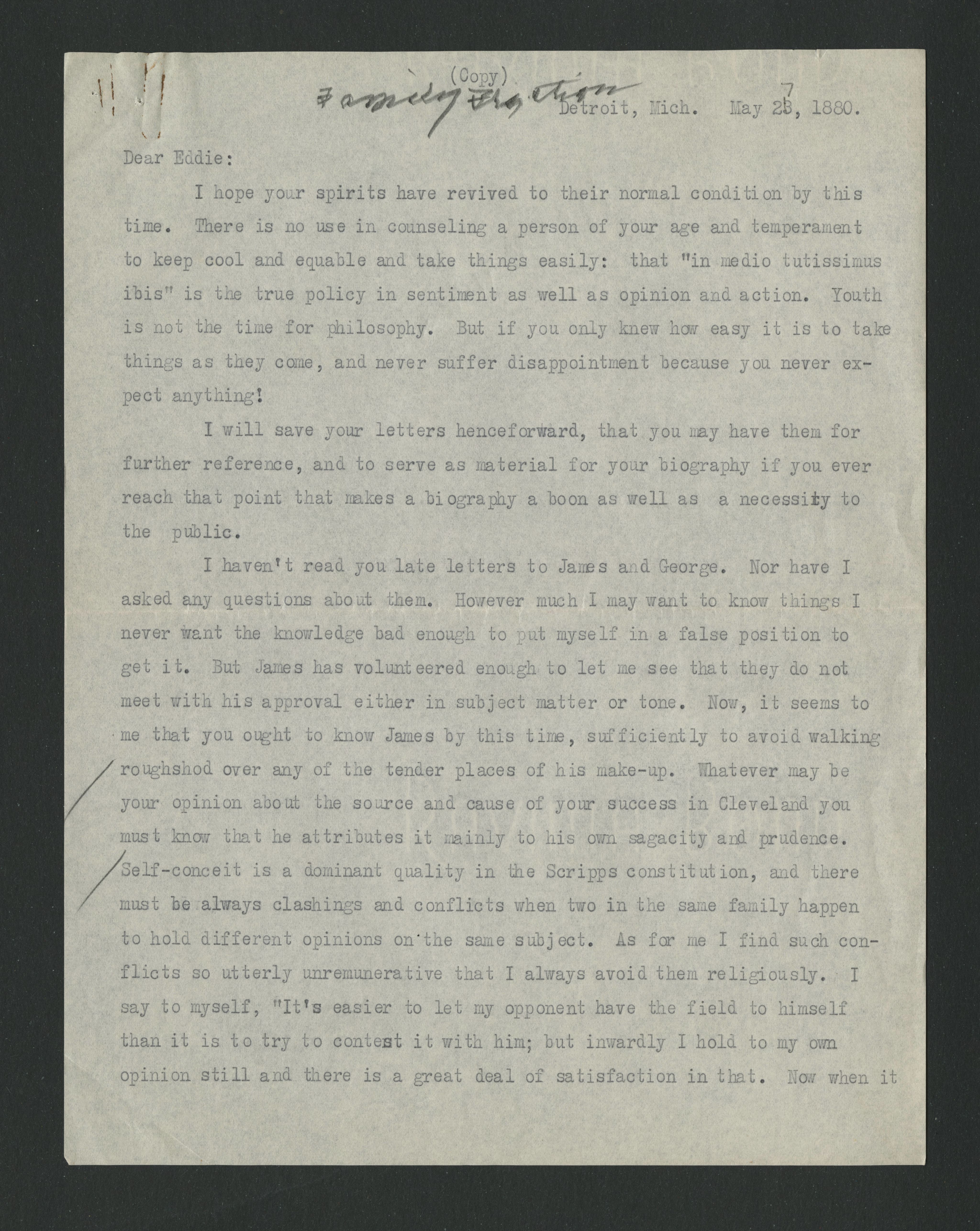 First page of a typewritten letter written from Ellen B. Scripps to E. W. Scripps, May 27, 1880.