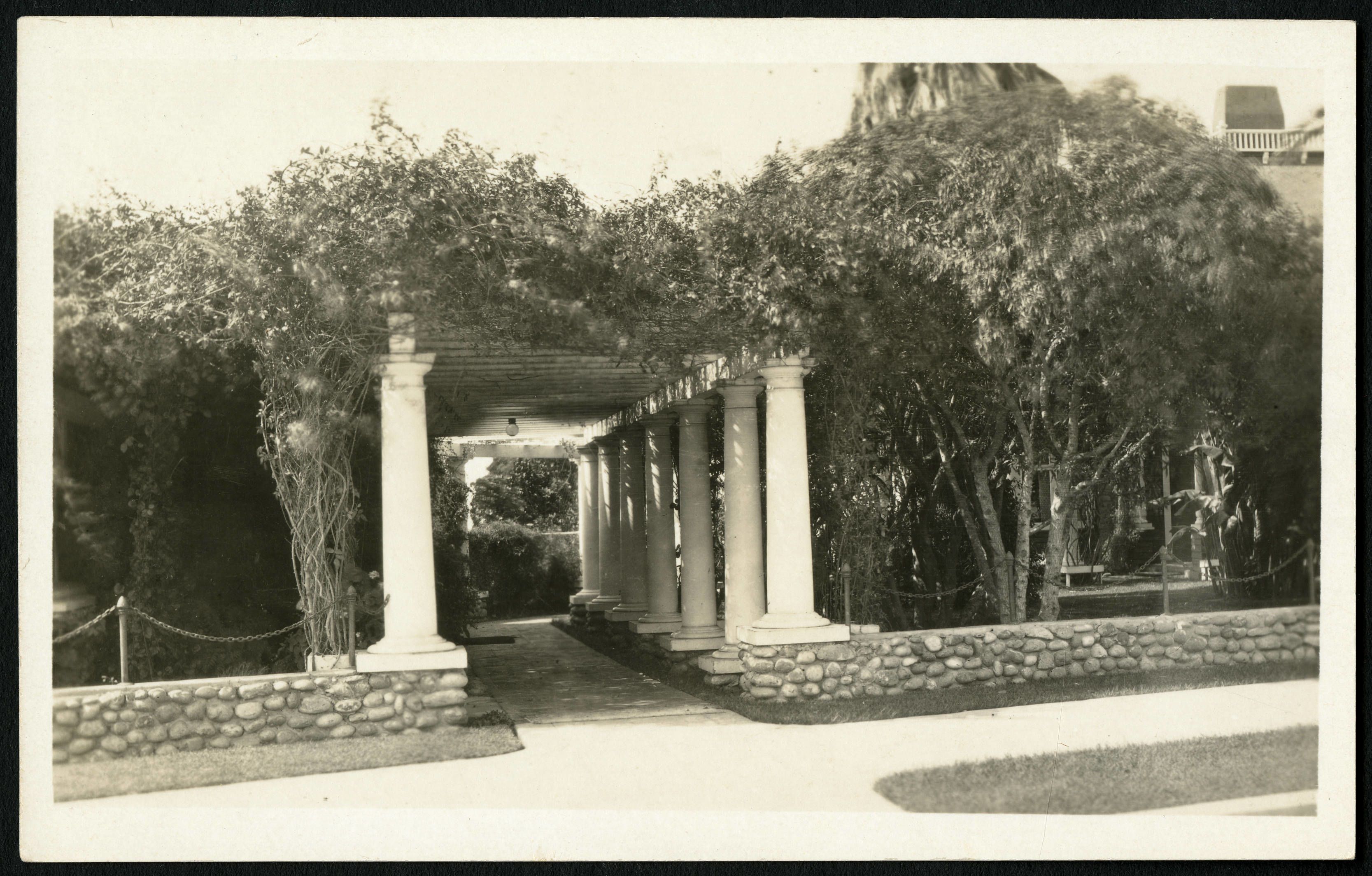 Black and white postcard of a vine-covered trellis at South Molton Villa, La Jolla.