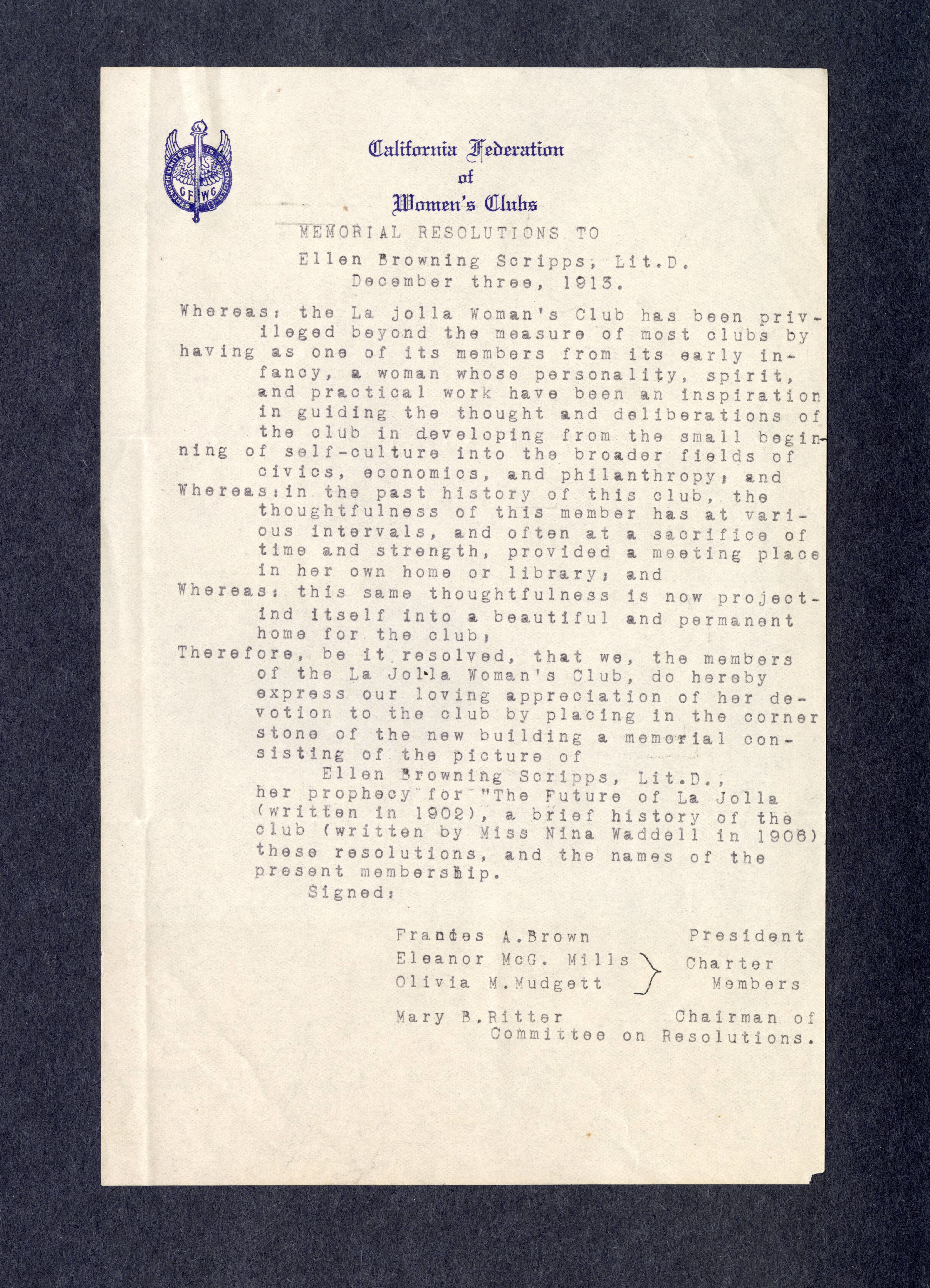Resolution printed on paper stating the construction of a memorial recognizing Ellen Browning Scripps for her contributions toward the La Jolla Woman's Club.
