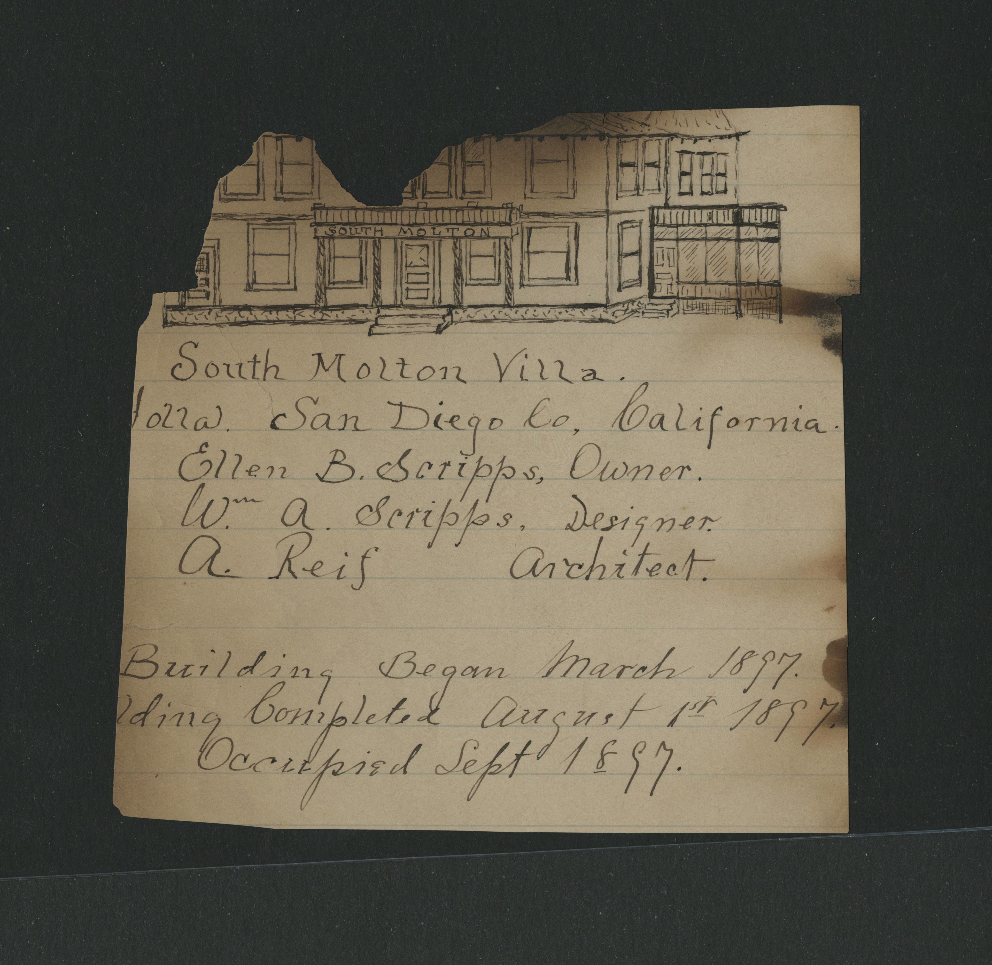 Part of burned page of guest book with drawing of South Molton Villa, dates of construction, and names of notable people.