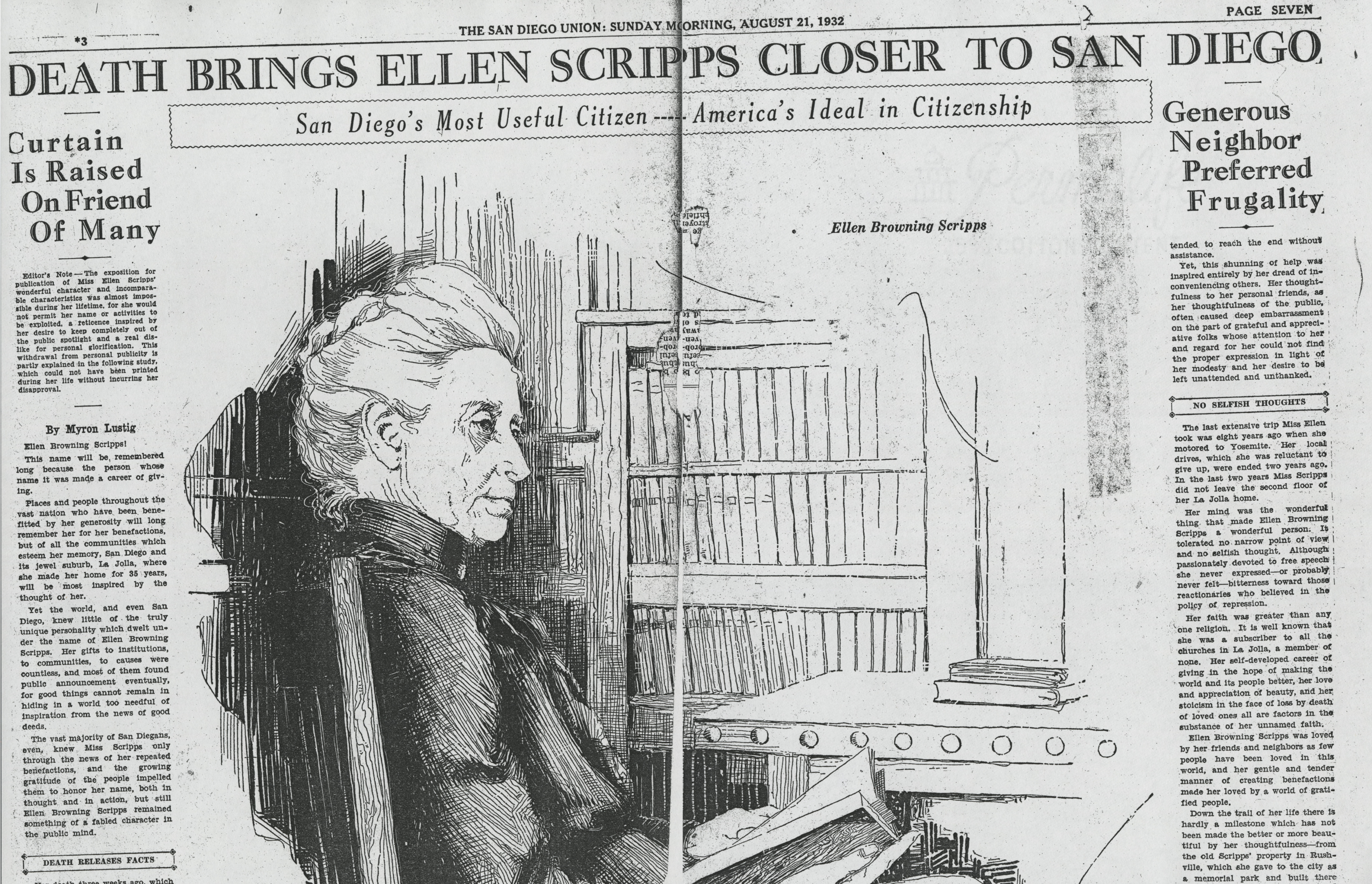 Newspaper article regarding Ellen Browning Scripps' death and impact on San Diego, published in The San Diego Union. It features a drawing of Ellen B. Scripps reading a book in her library.