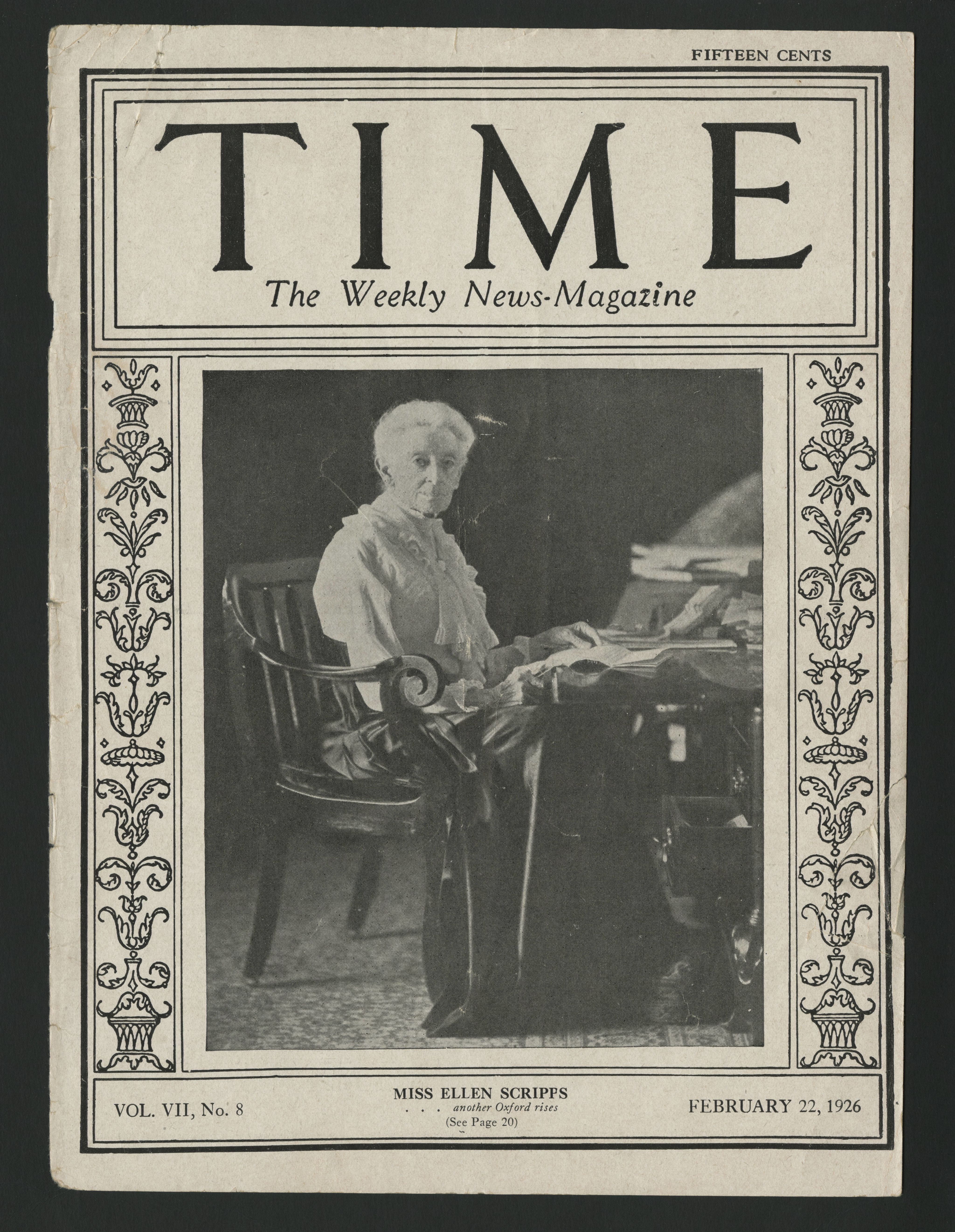TIME Magazine cover with Ellen Browning Scripps reading a book.